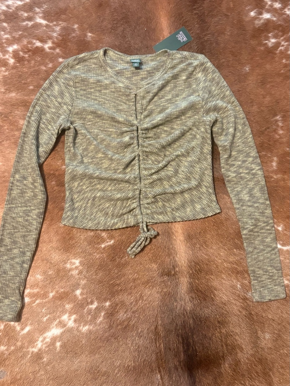 wild fable Olive Marled Ruched Long Sleeve Crop Top